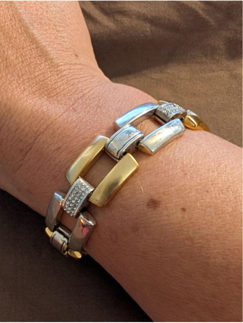 Brighton Meridian Swing Linx Two Tone Crystal Link Bracelet Silver Gold w Pouch